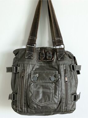 Y2K Grunge khaki distressed tote Shoulder Bag buckle vintage